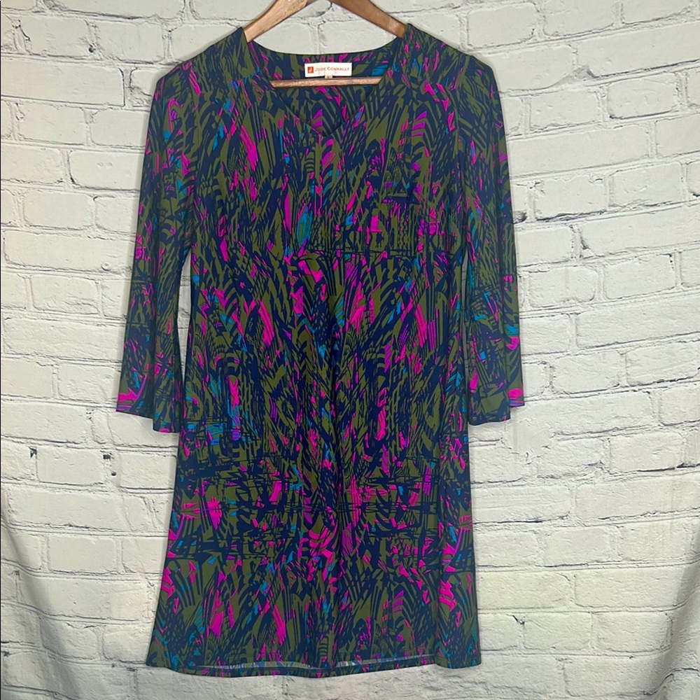 Jude Connally Purple Green Long Sleeve V-Neck Dress Size Small